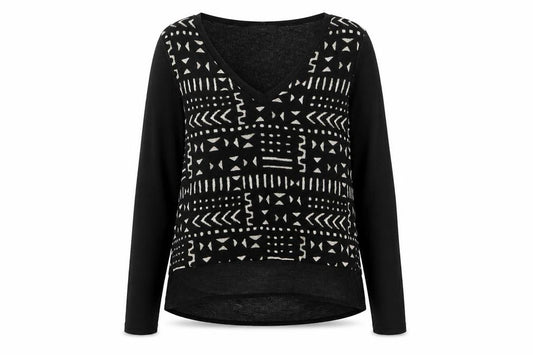 Front view of Next women’s black v-neck geometric cotton jumper, size UK 12