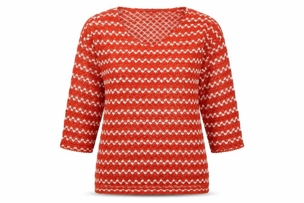 Front view of Next women’s orange round neck striped polyester jumper, size UK 12