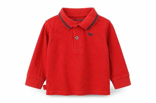 Front view of Next boys’ red cotton basic polo, size 12, months collared button - dinosaur