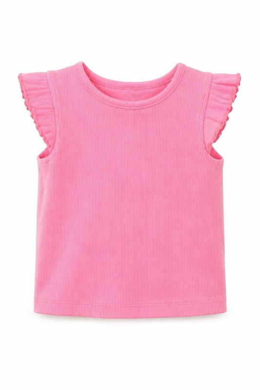 Front view of Primark girls’ pink cotton basic tank, size 9-12, months round neck pullover - ribbed ruffled straps