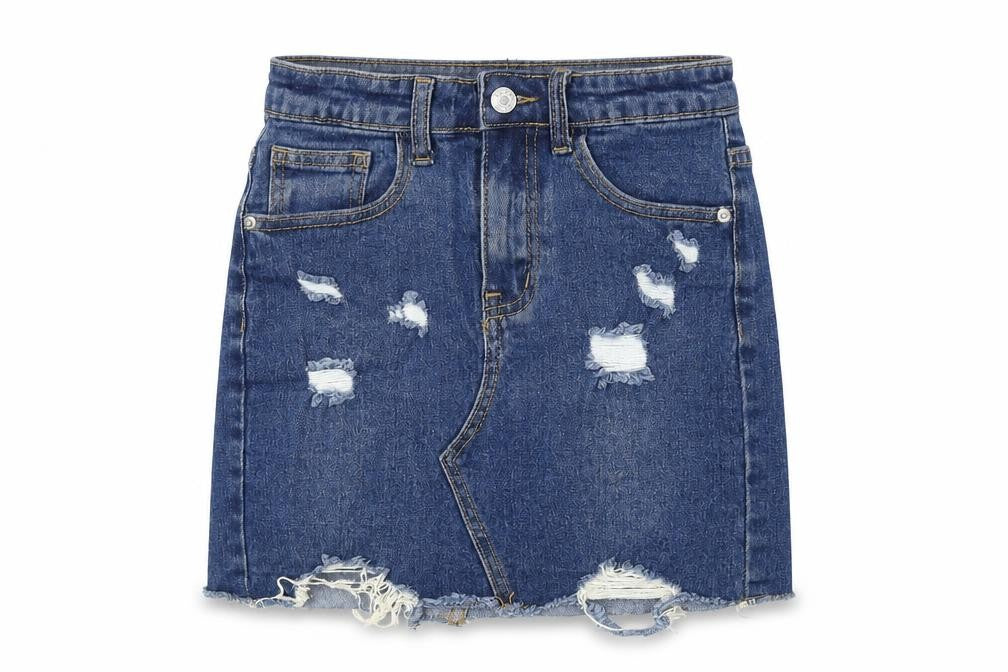 Front view of PRETTYLITTLETHING women’s blue cotton mini skirt, size UK 6, button - distressed look