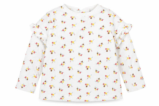 Front view of Dunnes girls’ white floral cotton basic t-shirt, size 9-12, months round neck button
