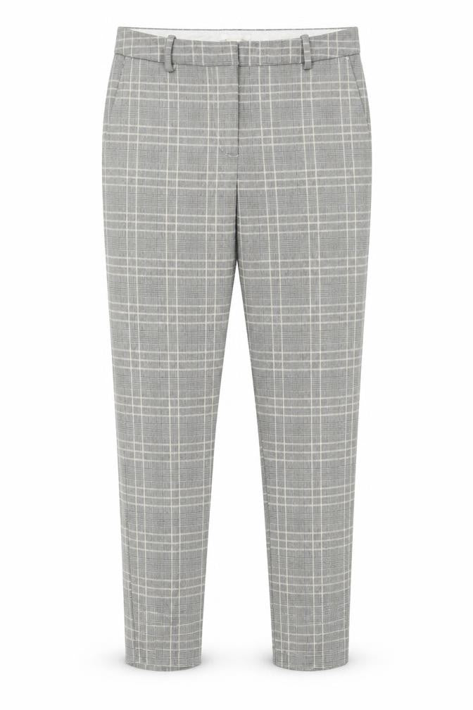 Front view of H&M women’s grey check polyester trousers, size UK 10, 27-inch leg regular hook & loop