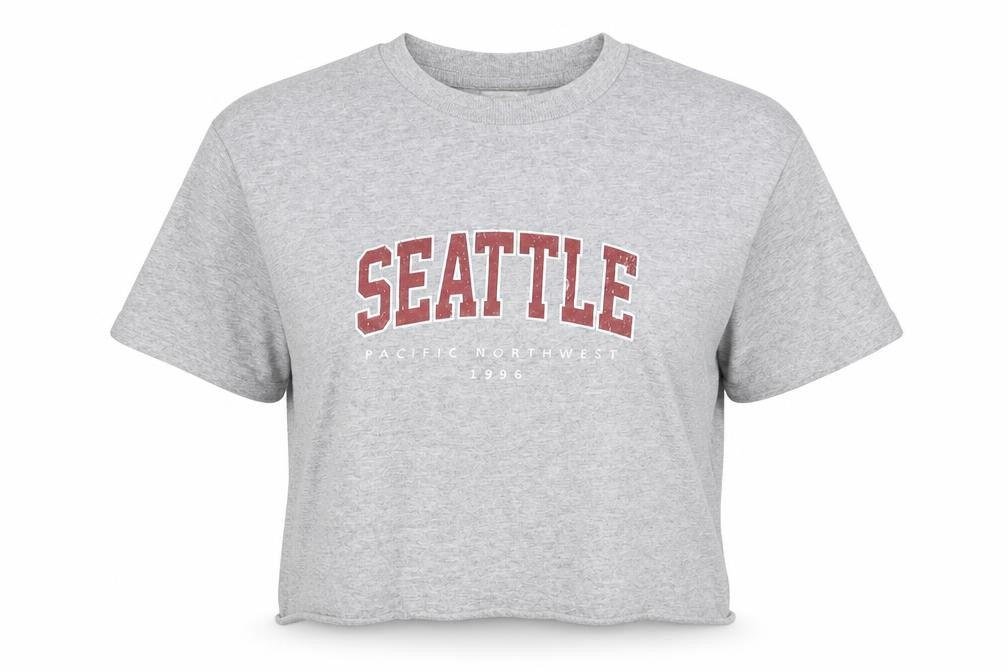 Front view of Miss Selfridge women’s grey polyester cropped t-shirt, size M, crew neck - seattle