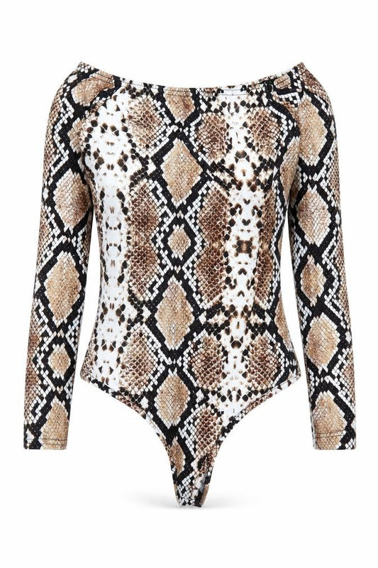 Front view of PRETTYLITTLETHING women’s brown animal print polyester bodysuit one-piece, size UK 8, snap - snake skin print