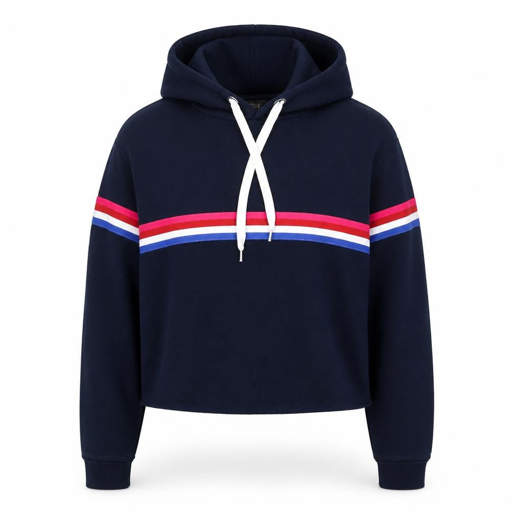 Front view of Primark women’s blue striped polyester pullover hoodie, size UK 6, pullover - cropped