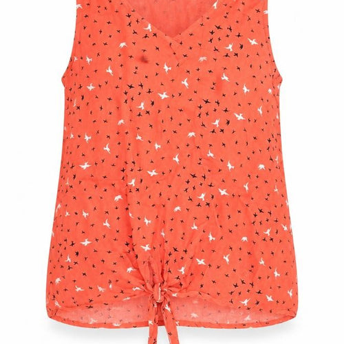 Dunnes Womens Orange Geometric Viscose Jersey Blouse Size 14 Round Neck - Tie Front
