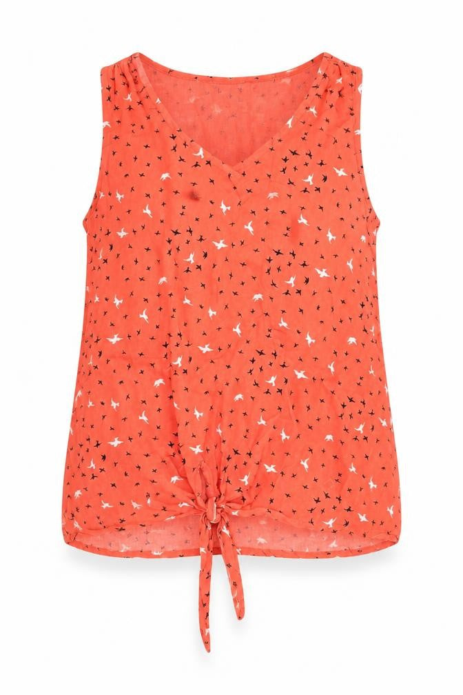 Dunnes Womens Orange Geometric Viscose Jersey Blouse Size 14 Round Neck - Tie Front
