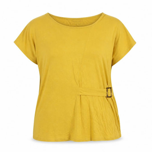 Front view of Bonmarché women’s yellow viscose basic blouse, size UK 18, round neck