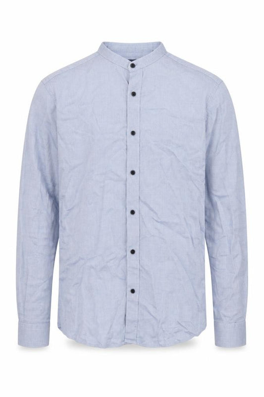 Front view of Remus Uomo Jeans men’s blue cotton button-up, size 15, high neck button