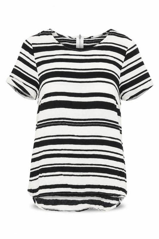 Front view of New Look women’s black striped polyester basic blouse, size UK 10, round neck