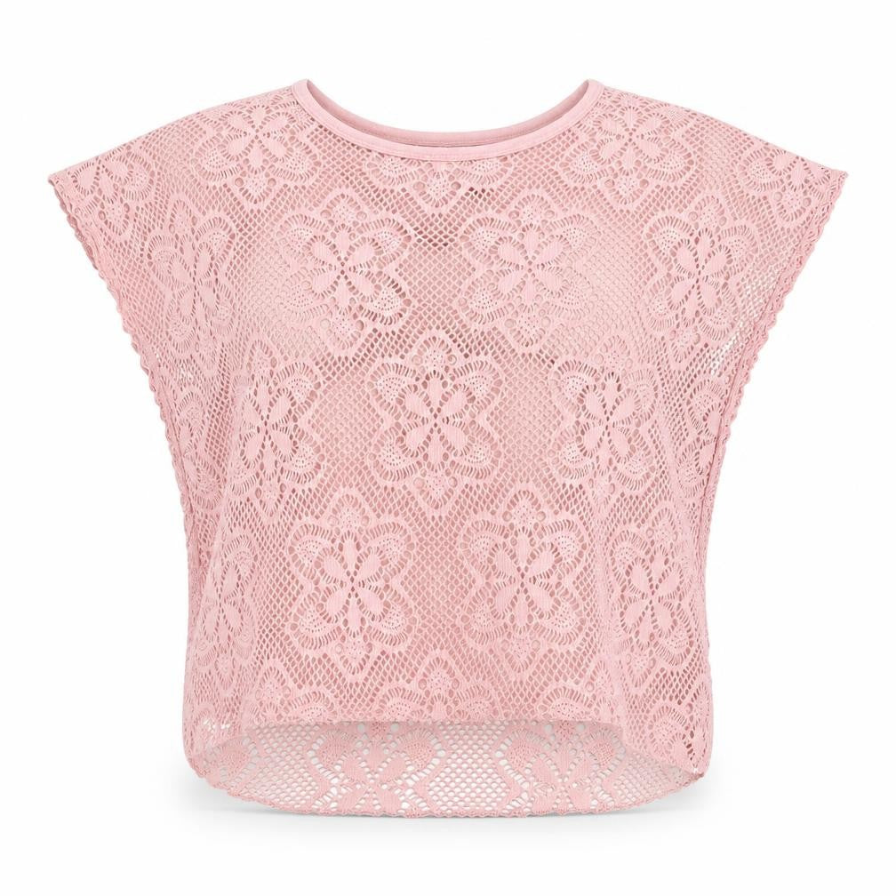 Front view of Izabel women’s pink floral polyester basic t-shirt, size UK 10, round neck