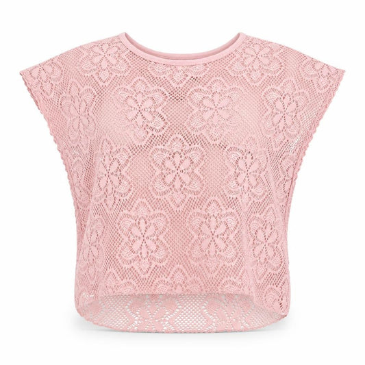 Front view of Izabel women’s pink floral polyester basic t-shirt, size UK 10, round neck