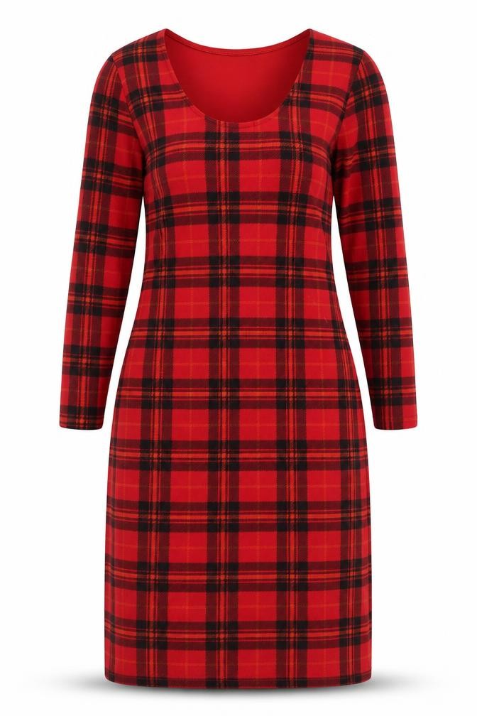 Front view of Exhibit women’s red plaid polyester a-line, size UK 8, round neck
