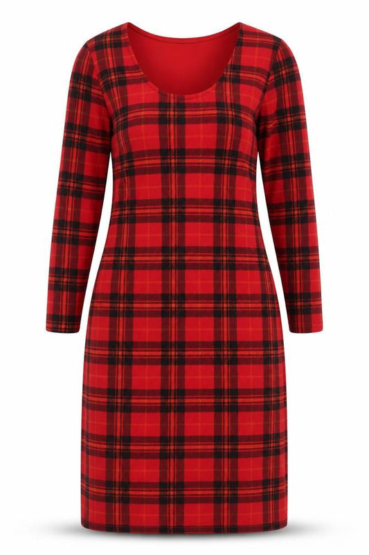 Front view of Exhibit women’s red plaid polyester a-line, size UK 8, round neck