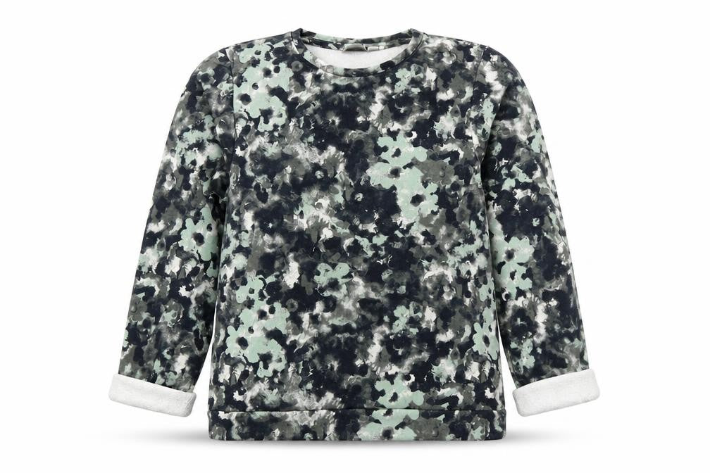 Front view of NAME IT girls’ green floral cotton basic blouse, size 9-10, years round neck