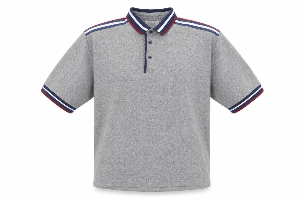 Front view of MX men’s grey striped polyester polo, size XL, collared button - grey, burgandy, white & blue