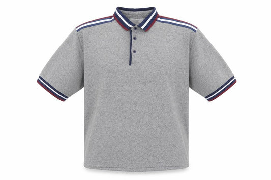 Front view of MX men’s grey striped polyester polo, size XL, collared button - grey, burgandy, white & blue