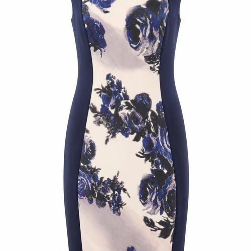 Little Mistress Womens Blue Floral Polyester Bodycon Size 10 Crew Neck Zip