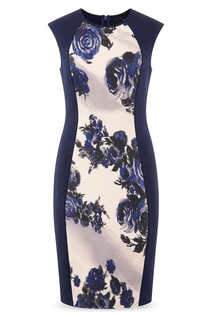 Little Mistress Womens Blue Floral Polyester Bodycon Size 10 Crew Neck Zip