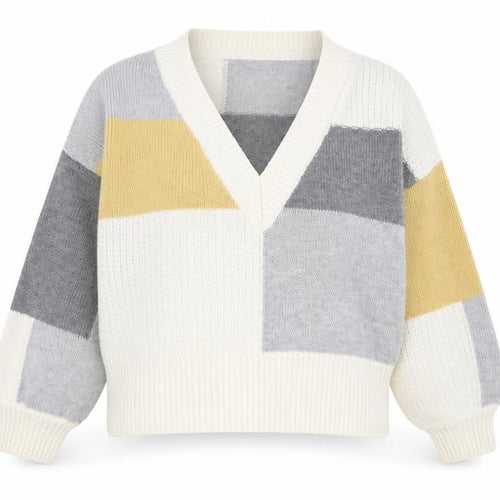 Miss Selfridge Womens Grey V-Neck Geometric Acrylic Pullover Jumper Size 10 - Grey, Yellow & White