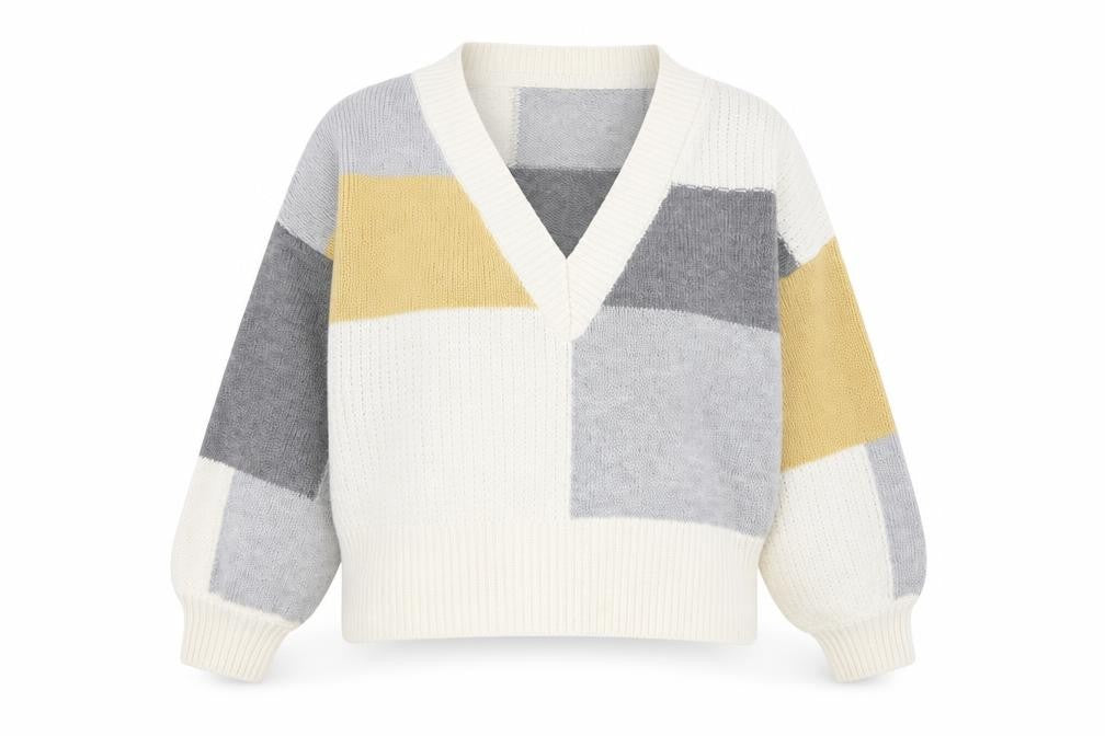 Miss Selfridge Womens Grey V-Neck Geometric Acrylic Pullover Jumper Size 10 - Grey, Yellow & White