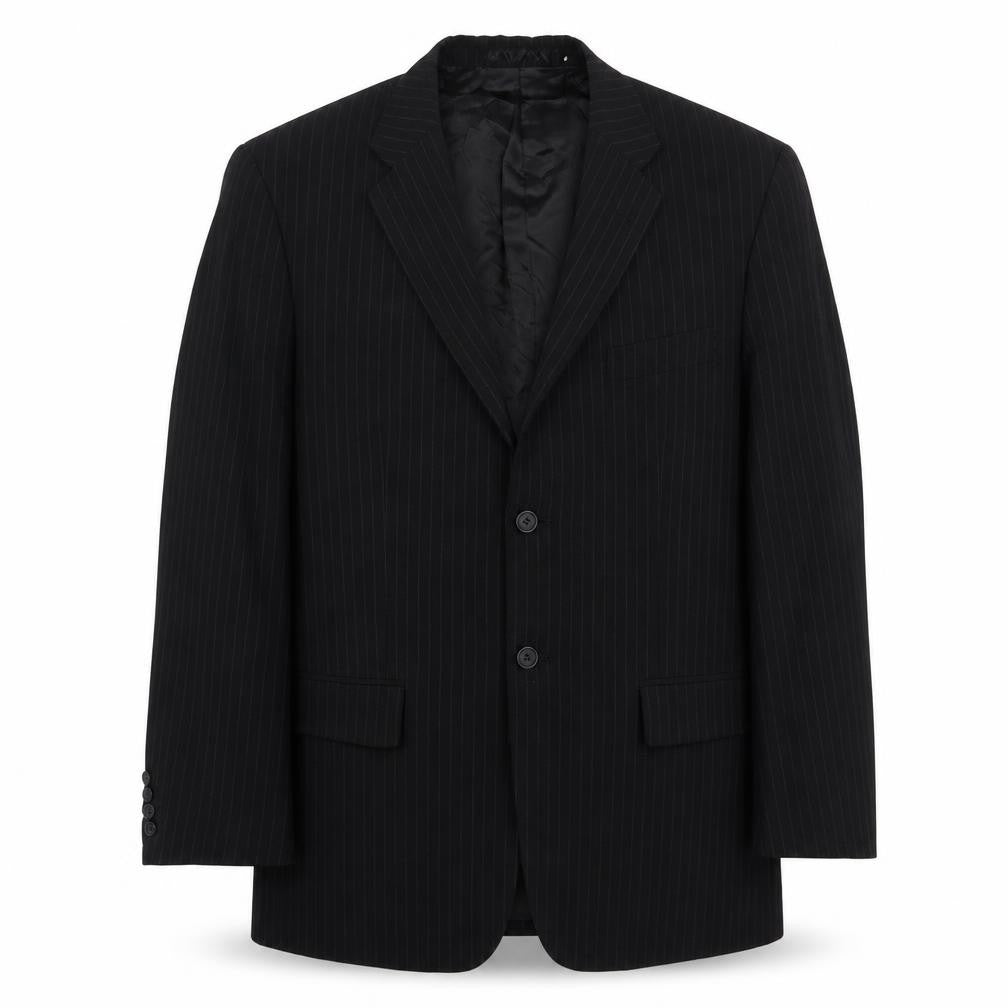 Front view of Butler & Webb men’s black striped polyester jacket suit jacket, size 40