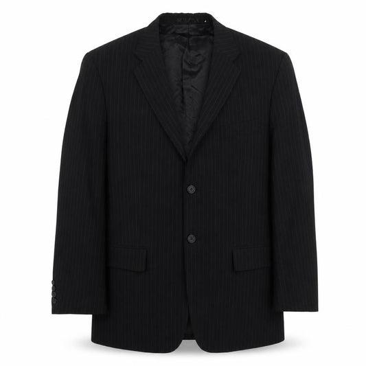 Front view of Butler & Webb men’s black striped polyester jacket suit jacket, size 40