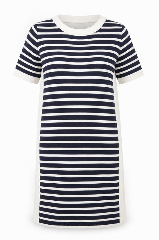 Front view of French Connection women’s blue striped acrylic jumper dress, size S, round neck