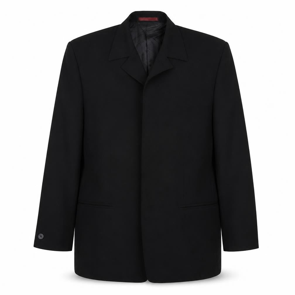 Front view of Butler & Webb men’s black polyester jacket suit jacket, size 38