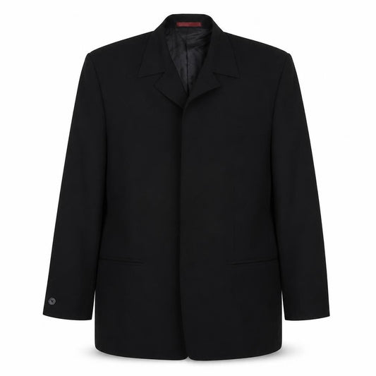 Front view of Butler & Webb men’s black polyester jacket suit jacket, size 38