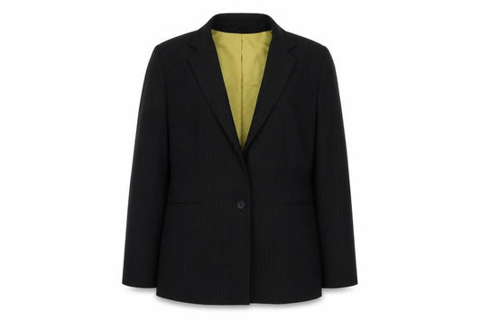 Front view of Atmosphere women’s black striped polyester jacket suit jacket, size UK 12