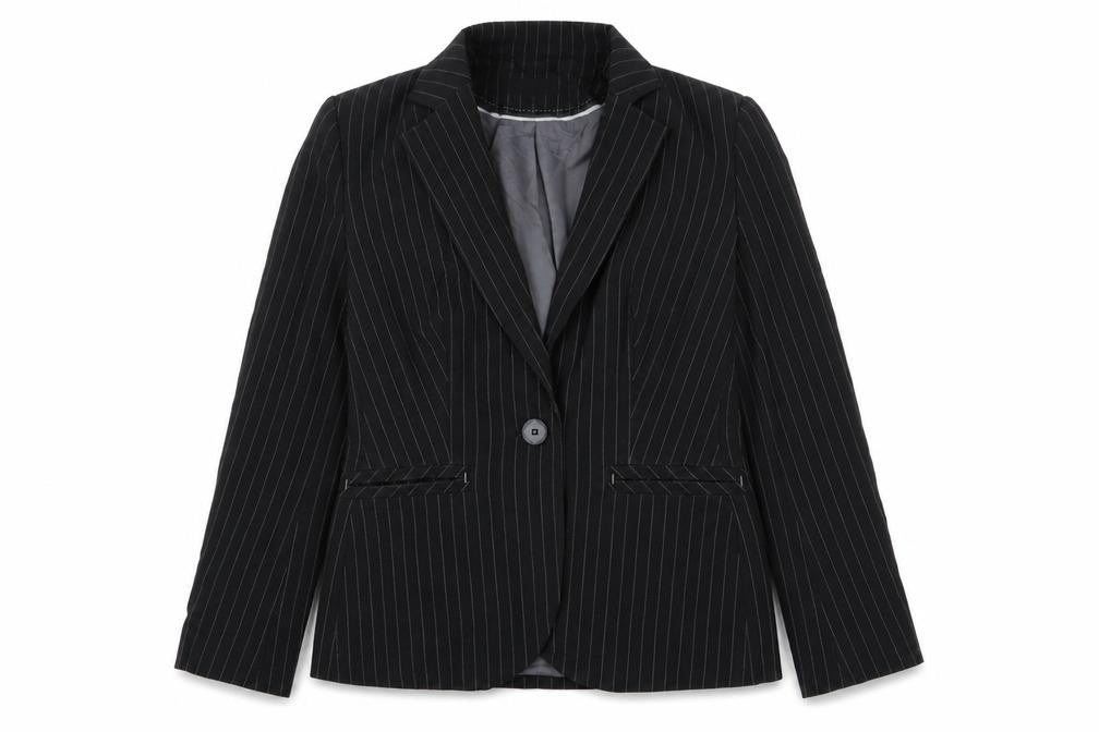 Front view of Marks & Spencer women’s grey striped polyester jacket suit jacket, size UK 12