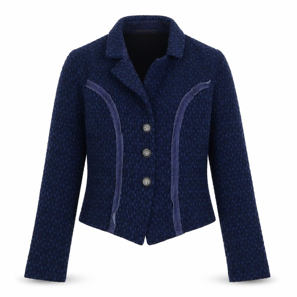 Front view of Soggo Paris women’s blue geometric polyester jacket suit jacket, size UK 8