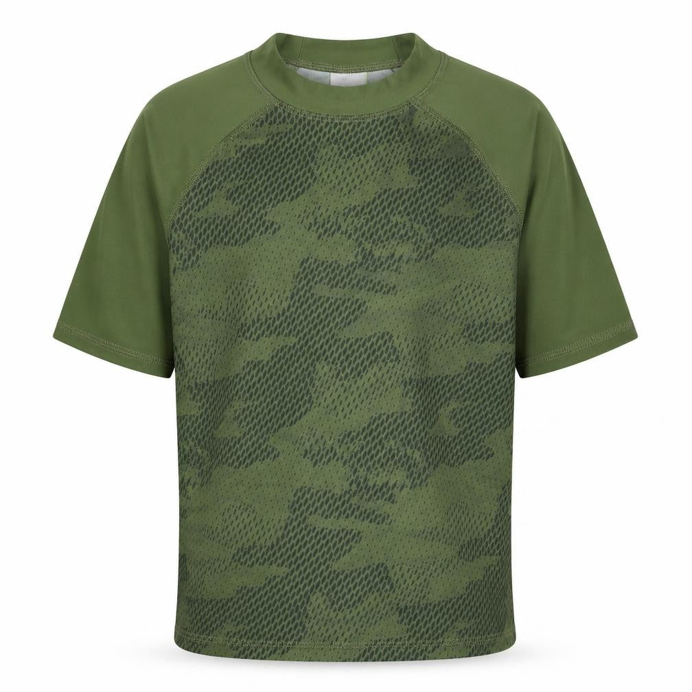 Front view of Marks & Spencer boys’ green camouflage polyamide basic t-shirt, size 7-8, years round neck pullover