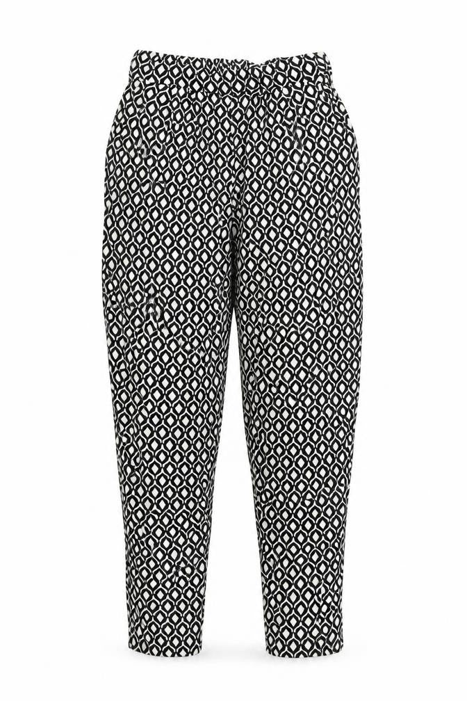 Front view of H&M women’s black geometric viscose trousers, size UK 4, 25-inch leg regular