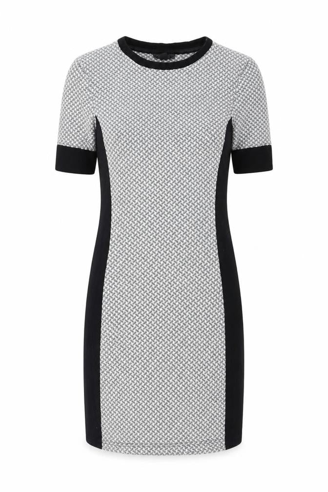 Front view of Topshop women’s grey polyester pencil dress, size UK 8, round neck pullover