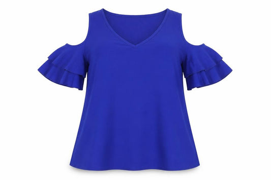 Front view of SHEIN women’s blue polyester basic blouse, size UK 12, v-neck