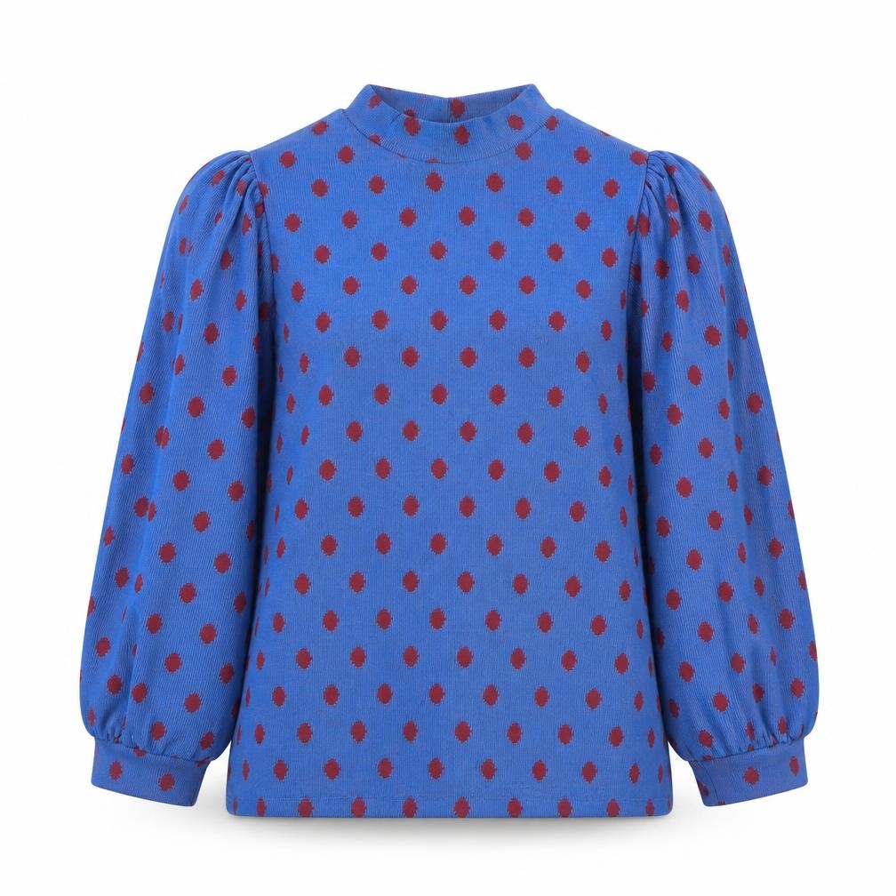 Front view of Savida women’s blue round neck polka dot polyester jumper, size XL