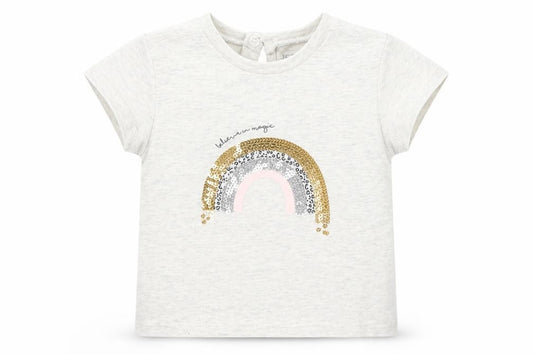 Front view of Jeff&Co girls’ grey cotton basic t-shirt, size 18-24, months round neck - rainbow