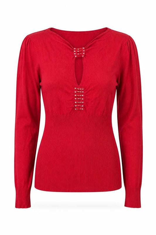 Front view of Debenhams women’s red round neck viscose jumper, size UK 14
