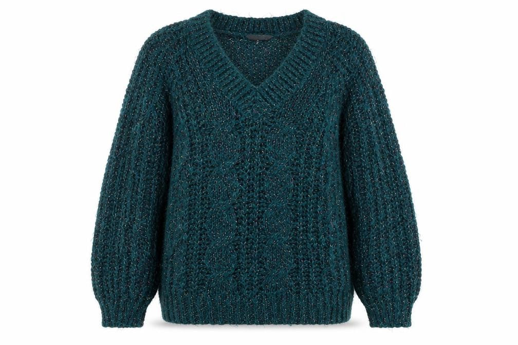 Front view of Falmer Heritage women’s green v-neck acrylic jumper, size M