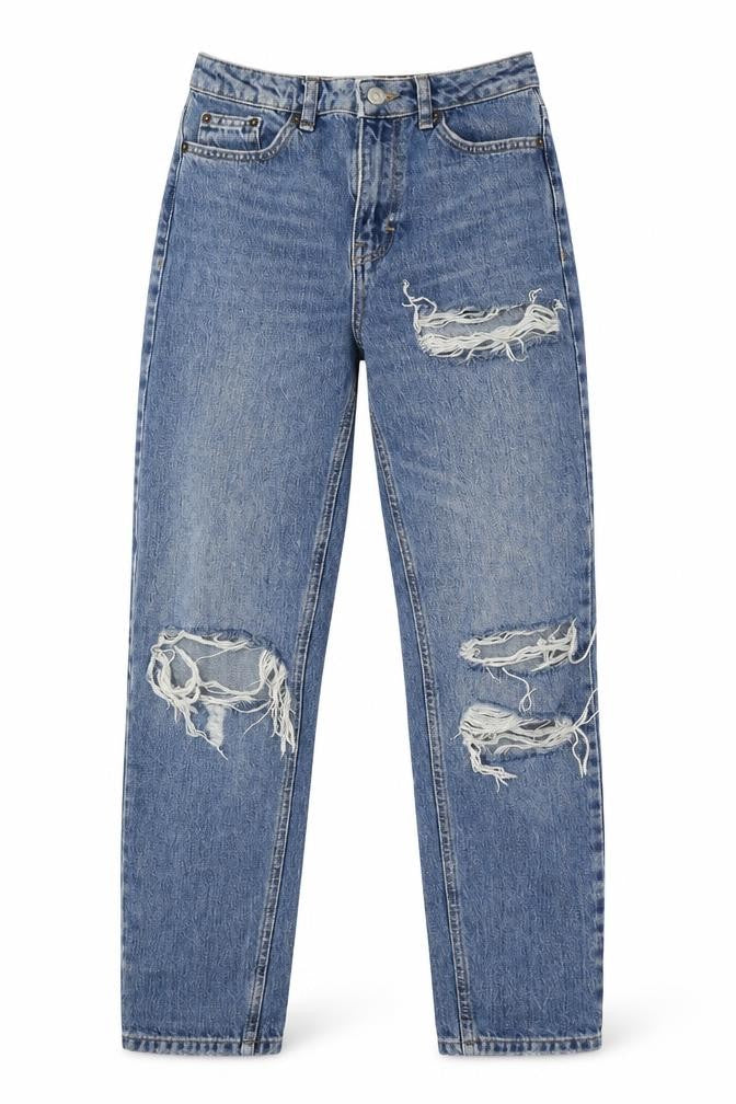 Front view of Topshop women’s blue cotton mom jeans, size UK 25, 30-inch leg regular button