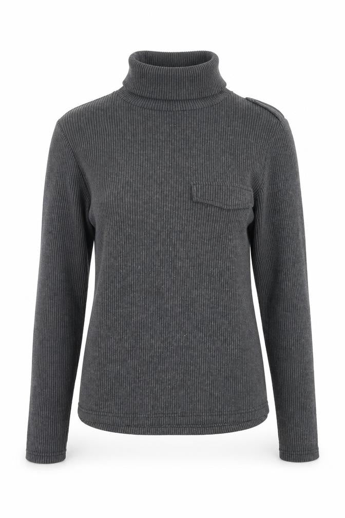 Front view of RIbbon Clasp women’s grey roll neck polyester jumper, size S