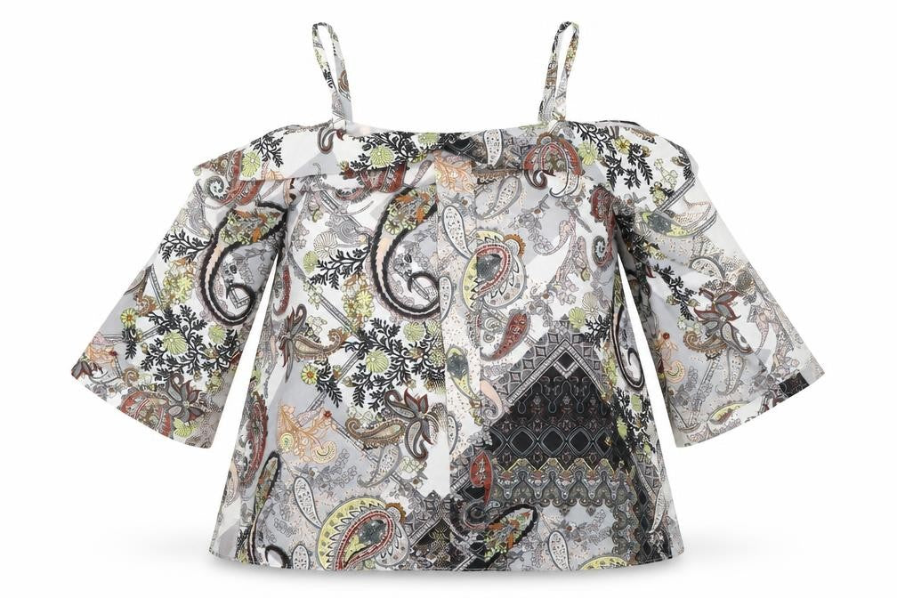 Front view of River Island women’s multicoloured paisley polyester basic blouse, size UK 8, off the shoulder