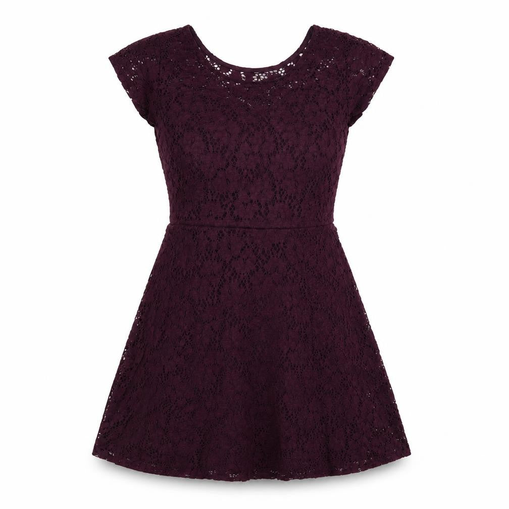 Front view of Wal G women’s purple floral polyester fit & flare, size S, round neck pullover - lace overlay