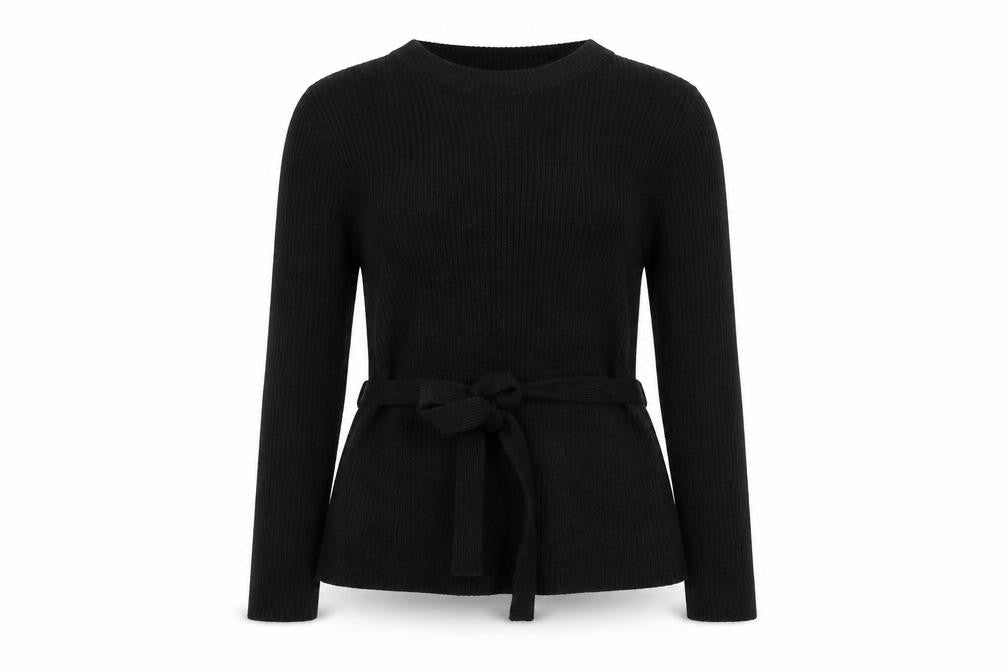 Front view of QED London women’s black crew neck acrylic jumper, size S, - ribbed