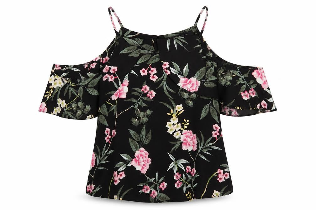 Front view of New Look women’s black floral polyester basic blouse, size UK 8, off the shoulder - cold shoulder
