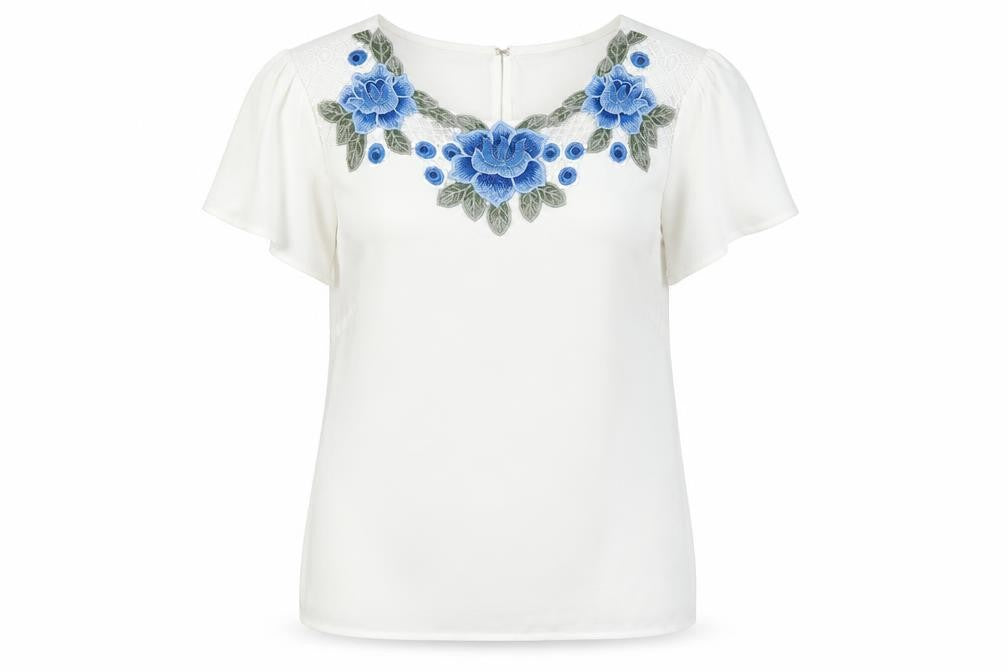 Front view of Oasis women’s white polyester basic t-shirt, size UK 10, round neck - flowers