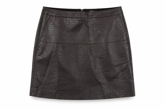 Front view of Warehouse women’s purple polyurethane a-line skirt, size UK 12, zip - crocodile texture
